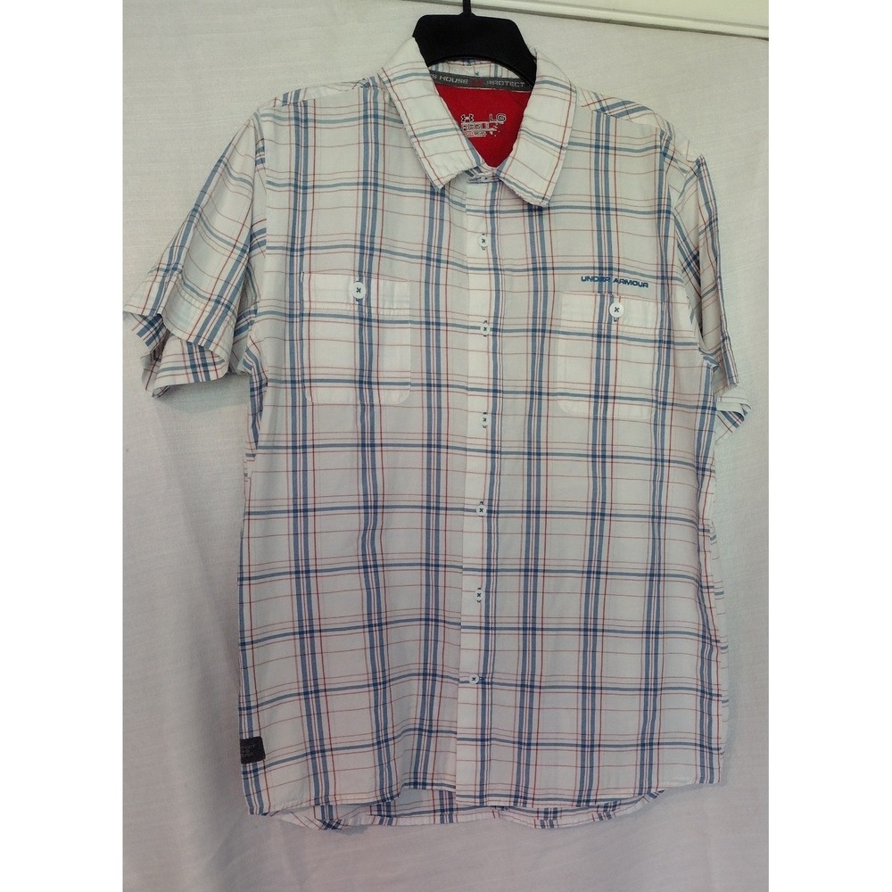 Under Armour HeatGear Men's Large White Blue Plaid Short Sleeve Button-Up Shirt